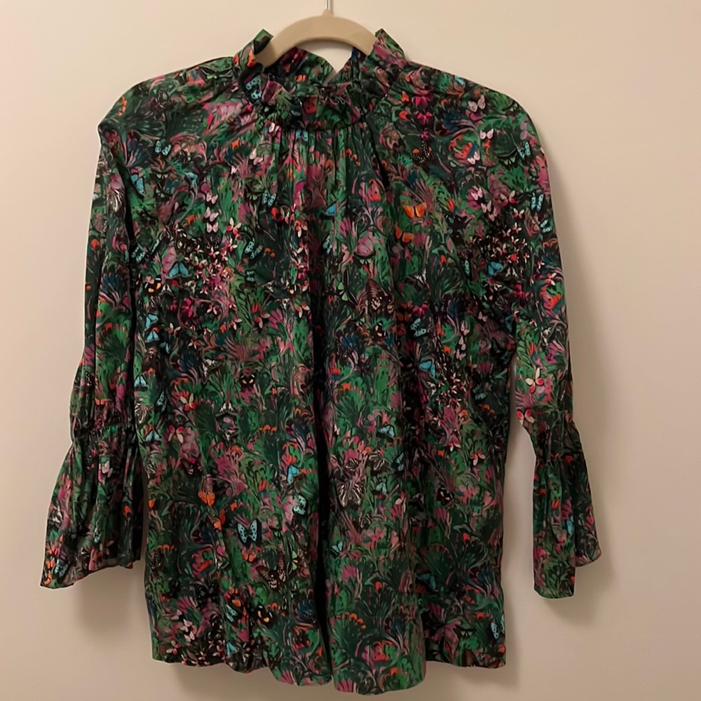 Multi colored Cynthia Rowley cotton blouse with gathered sleeves